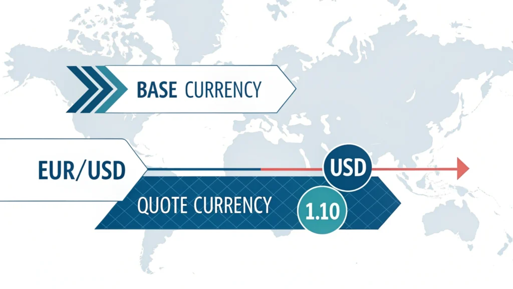 Diagram explaining base and quote currencies in a forex pair using EUR/USD example.