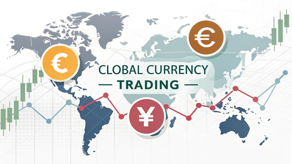 Global forex pairs illustration showing major world currencies on a trading chart.
